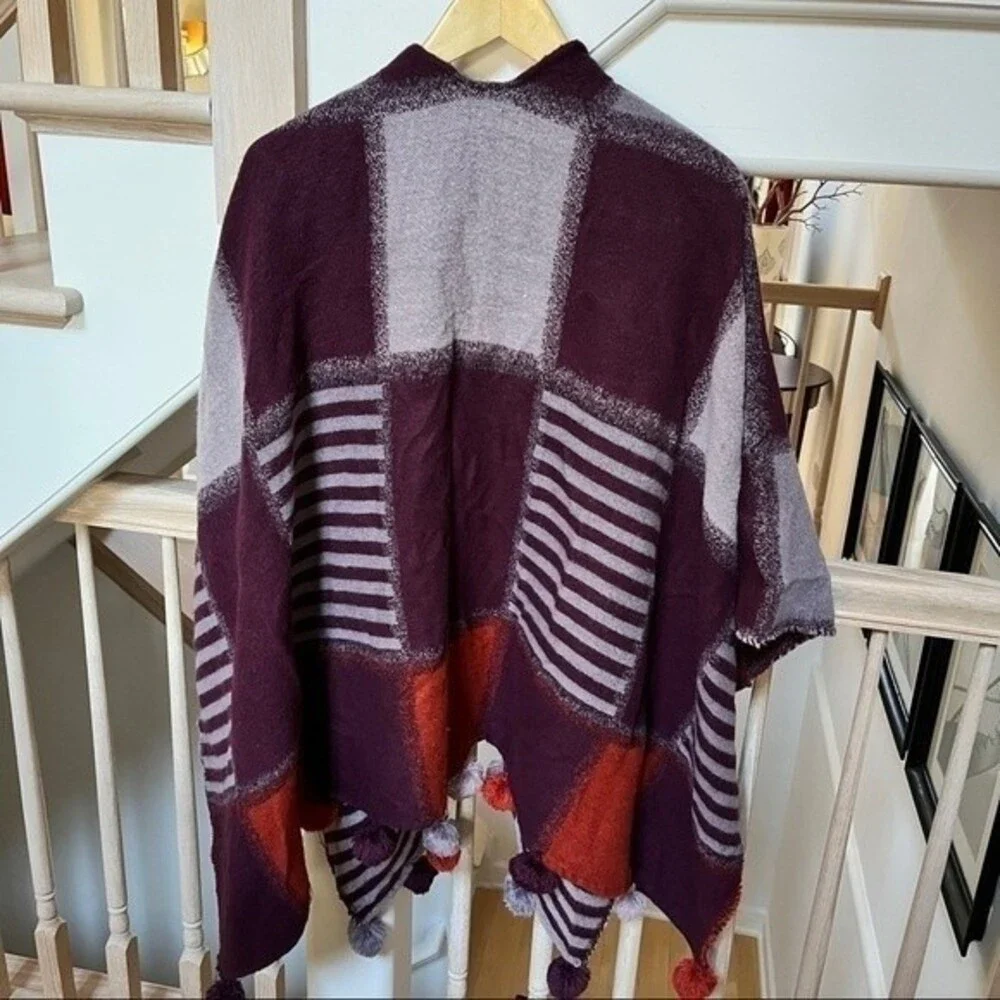 Echo  Plaid and Stripe Pom-Pom Scarf Poncho Wrap One Size